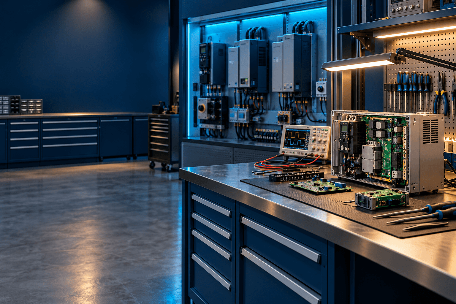Bancada técnica com instrumentos para diagnóstico de eletrônica industrial