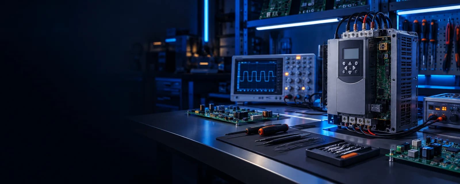 Soft Starter e instrumentos em bancada de eletrônica industrial